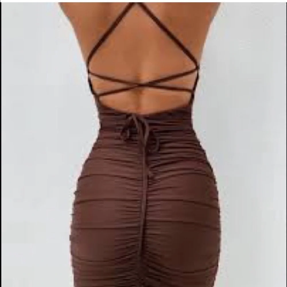 Tiger Mist brown ruched Amber mini dress - Picture 2 of 9